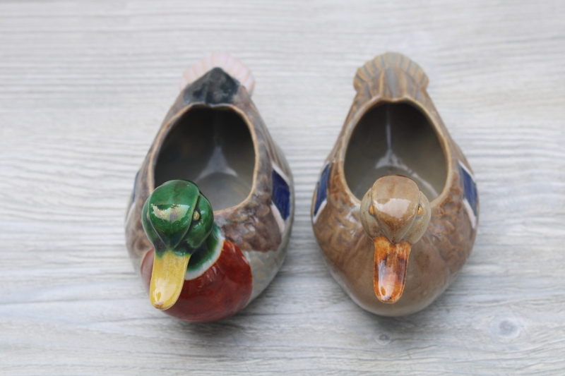 photo of vintage ceramic ducks pair of ashtrays mallard drake and hen, mid century USA pottery, Rosemeade #2