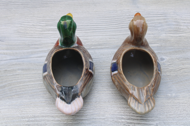 photo of vintage ceramic ducks pair of ashtrays mallard drake and hen, mid century USA pottery, Rosemeade #3