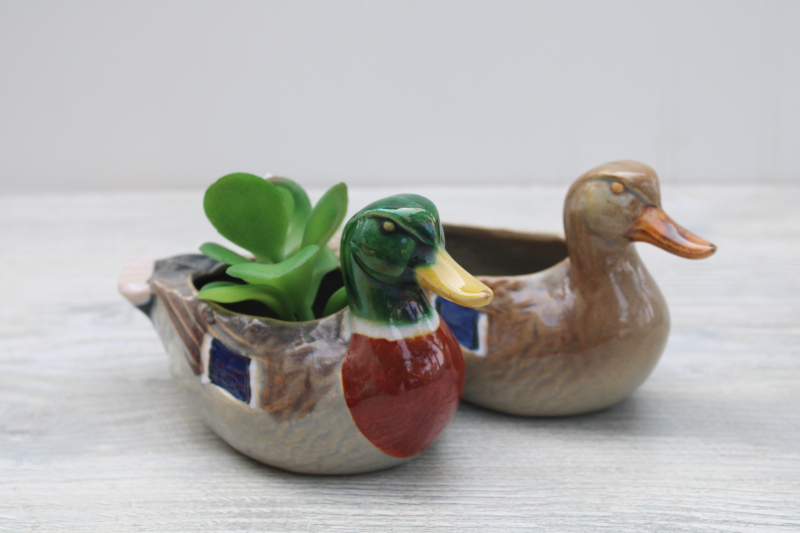 photo of vintage ceramic ducks pair of ashtrays mallard drake and hen, mid century USA pottery, Rosemeade #5