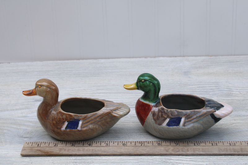 photo of vintage ceramic ducks pair of ashtrays mallard drake and hen, mid century USA pottery, Rosemeade #6