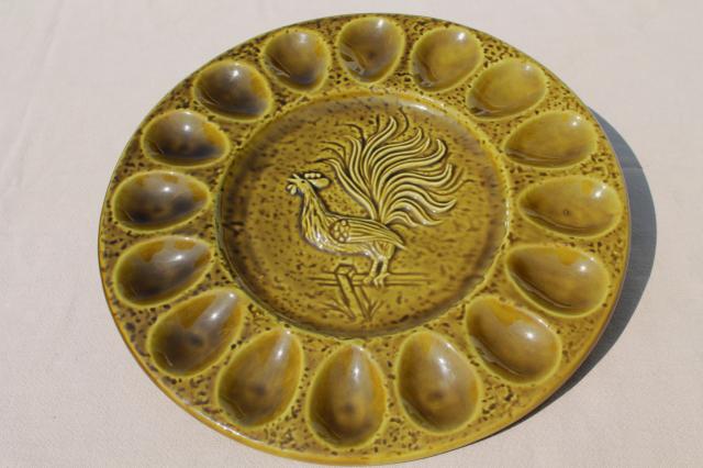 photo of vintage ceramic egg plate, 60s 70s retro California pottery deviled egg tray w/ rooster #1