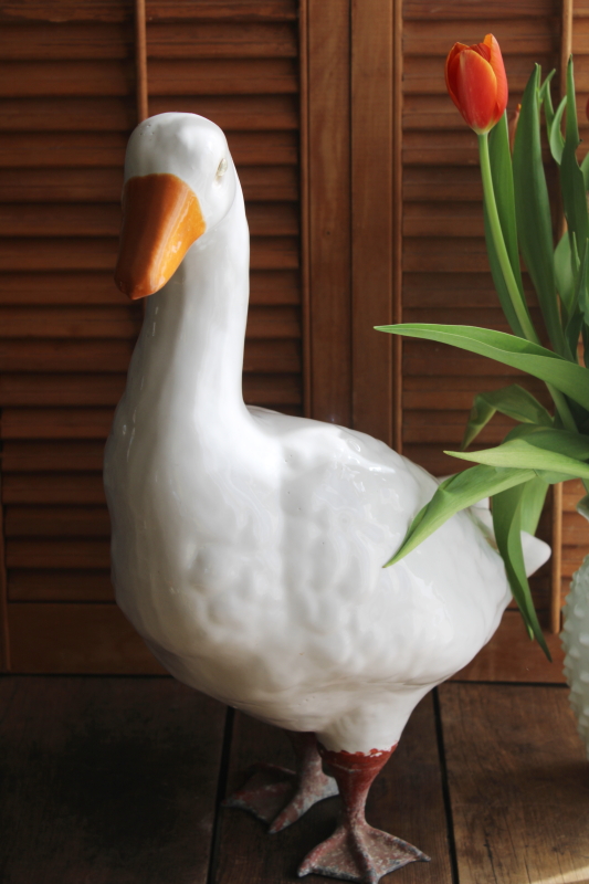 photo of vintage ceramic goose w/ metal feet, large yard ornament lawn or porch decor garden goose statue #2