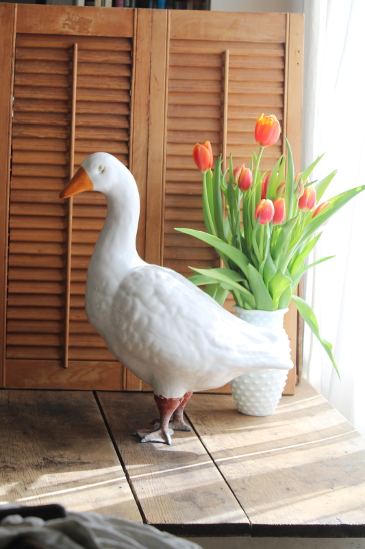 photo of vintage ceramic goose w/ metal feet, large yard ornament lawn or porch decor garden goose statue #5