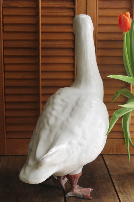 photo of vintage ceramic goose w/ metal feet, large yard ornament lawn or porch decor garden goose statue #8