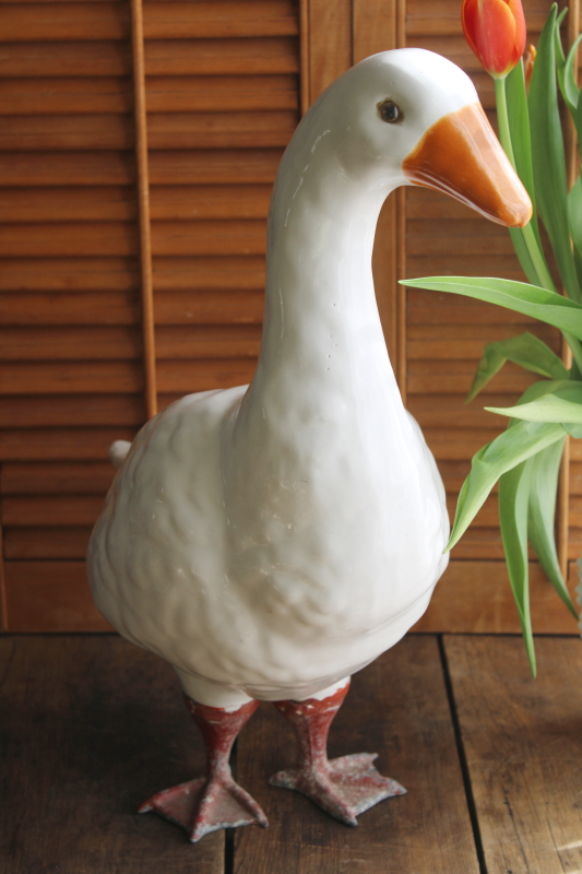 photo of vintage ceramic goose w/ metal feet, large yard ornament lawn or porch decor garden goose statue #9