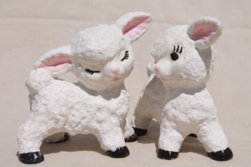 catalog photo of vintage ceramic lamb figurines w/ cute overload hand painted faces, wooly snow baby texture