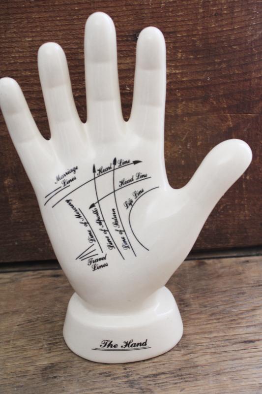 photo of vintage ceramic life size hand form w/ palmistry lines, occult fortune telling  #1