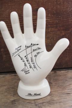 vintage ceramic life size hand form w/ palmistry lines, occult fortune telling 