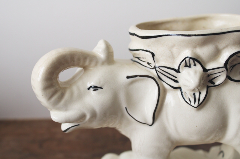 photo of vintage ceramic lucky elephant planter, cream colored pottery w/ crackled crazing  #2