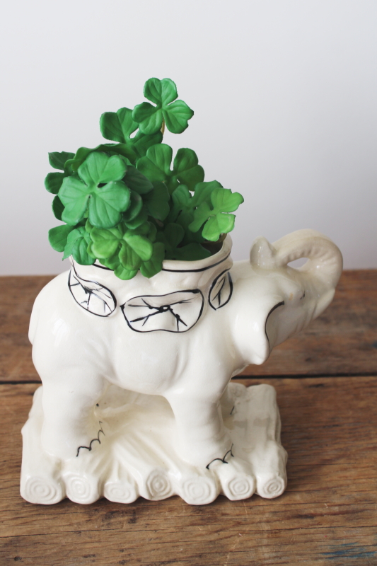 photo of vintage ceramic lucky elephant planter, cream colored pottery w/ crackled crazing  #6