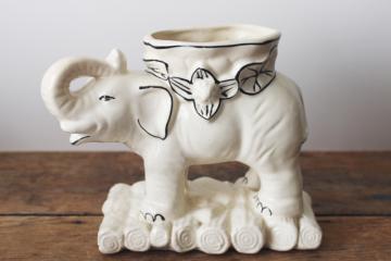 vintage ceramic lucky elephant planter, cream colored pottery w/ crackled crazing 