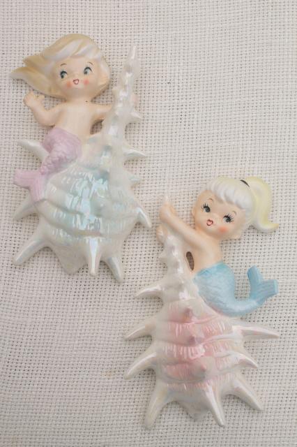 photo of vintage ceramic mermaid girl wall plaques, Norcrest Japan label mermaids mint condition #1