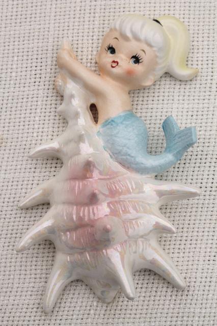 photo of vintage ceramic mermaid girl wall plaques, Norcrest Japan label mermaids mint condition #3