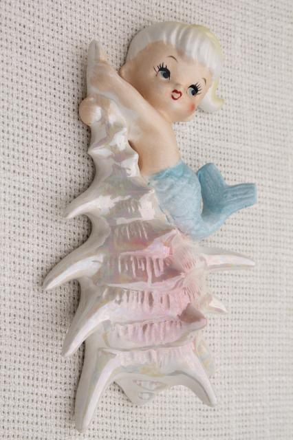 photo of vintage ceramic mermaid girl wall plaques, Norcrest Japan label mermaids mint condition #4