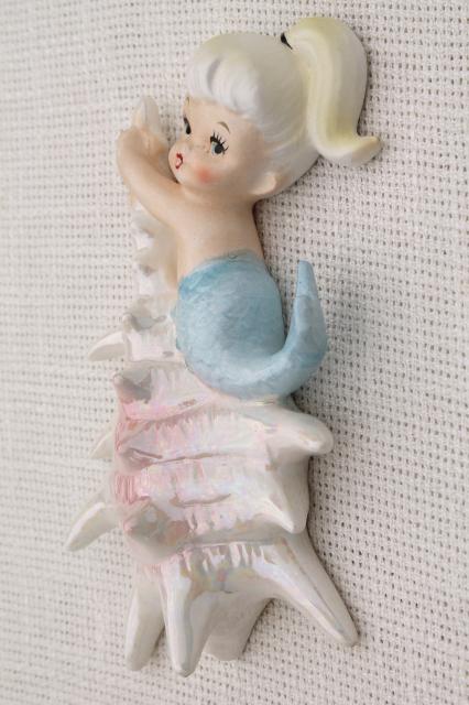 photo of vintage ceramic mermaid girl wall plaques, Norcrest Japan label mermaids mint condition #5