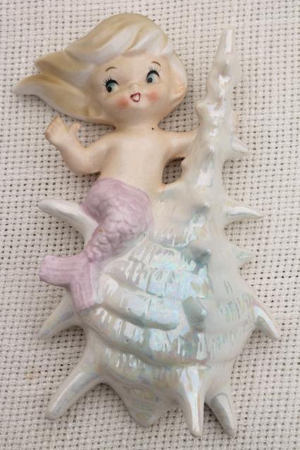 photo of vintage ceramic mermaid girl wall plaques, Norcrest Japan label mermaids mint condition #6