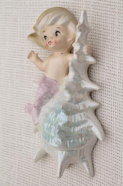 photo of vintage ceramic mermaid girl wall plaques, Norcrest Japan label mermaids mint condition #7