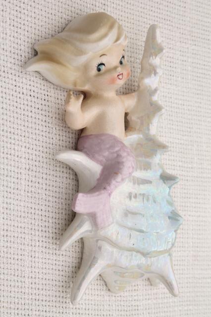 photo of vintage ceramic mermaid girl wall plaques, Norcrest Japan label mermaids mint condition #8