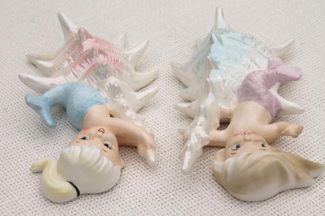 photo of vintage ceramic mermaid girl wall plaques, Norcrest Japan label mermaids mint condition #9