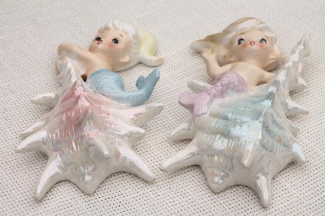 photo of vintage ceramic mermaid girl wall plaques, Norcrest Japan label mermaids mint condition #10