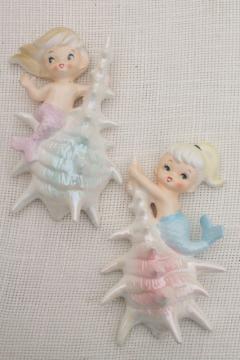 catalog photo of vintage ceramic mermaid girl wall plaques, Norcrest Japan label mermaids mint condition