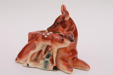 catalog photo of vintage ceramic planter, deer doe & fawn mother and baby, 1950s Japan china