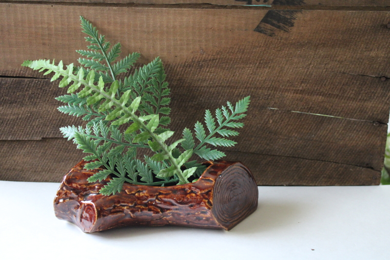 photo of vintage ceramic planter, faux bois log long low shape for tiny plants or fairy garden  #2