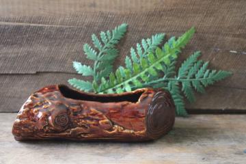 catalog photo of vintage ceramic planter, faux bois log long low shape for tiny plants or fairy garden 