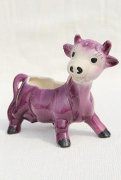 catalog photo of vintage ceramic planter flower pot, 50s studio pottery cute purple cow figurine