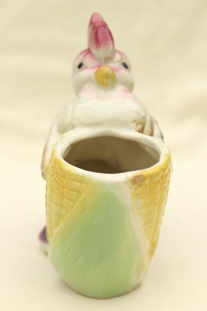 photo of vintage ceramic planter pot, painted pottery baby rooster chick puffed up w/ pride! #3