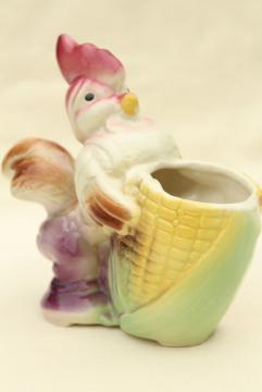 catalog photo of vintage ceramic planter pot, painted pottery baby rooster chick puffed up w/ pride!