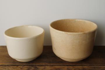 catalog photo of vintage ceramic planter pots, browned stained crazed creamy white glaze, rustic neutral decor 