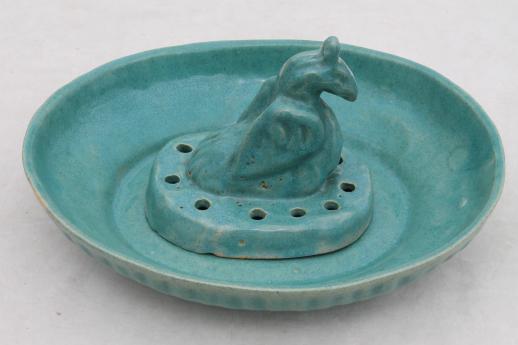 photo of vintage ceramic pottery flower frog and bowl, peacock or phoenix bird figural frog #1