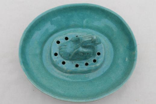 photo of vintage ceramic pottery flower frog and bowl, peacock or phoenix bird figural frog #2