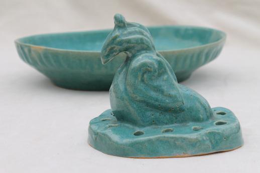 photo of vintage ceramic pottery flower frog and bowl, peacock or phoenix bird figural frog #7