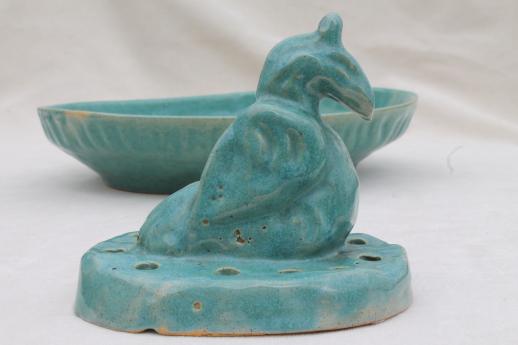 photo of vintage ceramic pottery flower frog and bowl, peacock or phoenix bird figural frog #9