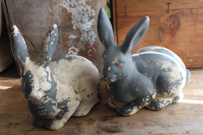 photo of vintage ceramic rabbits, shabby style Easter decor, bunny lawn ornaments garden art #1