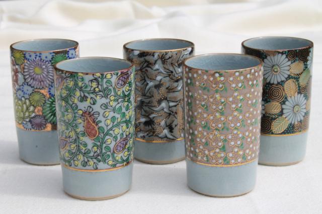 photo of vintage ceramic sake glasses, celadon blue w/ hand-painted enamel & gold #1