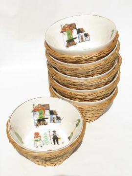 catalog photo of vintage ceramic salad bowls in wicker baskets, country rural farm folk art