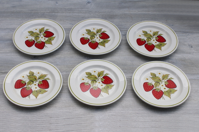 photo of vintage ceramic salad plates set, red strawberries green band pottery marked USA #1