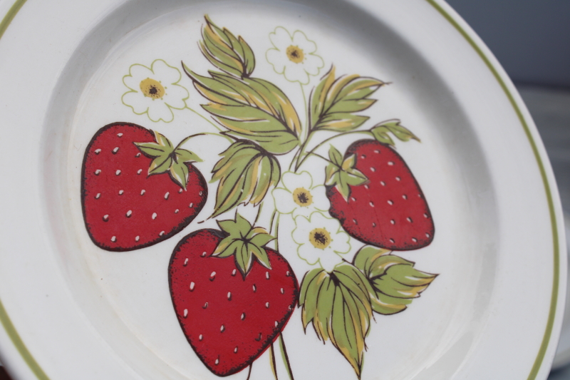 photo of vintage ceramic salad plates set, red strawberries green band pottery marked USA #2