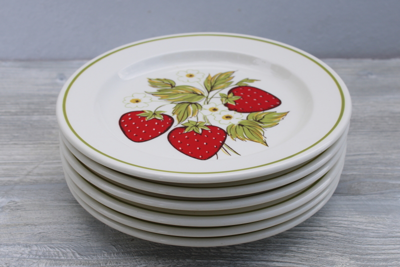 photo of vintage ceramic salad plates set, red strawberries green band pottery marked USA #5