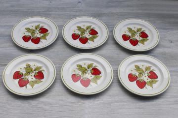 catalog photo of vintage ceramic salad plates set, red strawberries green band pottery marked USA