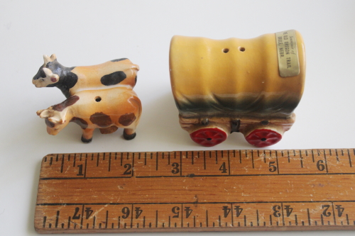 photo of vintage ceramic salt & pepper shakers, Oregon Trail souvenir oxen and covered wagon  #6