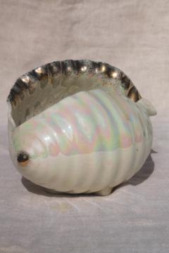 catalog photo of vintage ceramic seashell planter pot, pearl luster conch shell, mermaid beach house chic