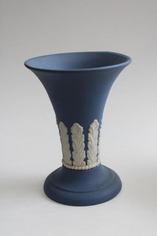 photo of vintage ceramic trumpet vase, wedgwood blue & white classical relief design #1