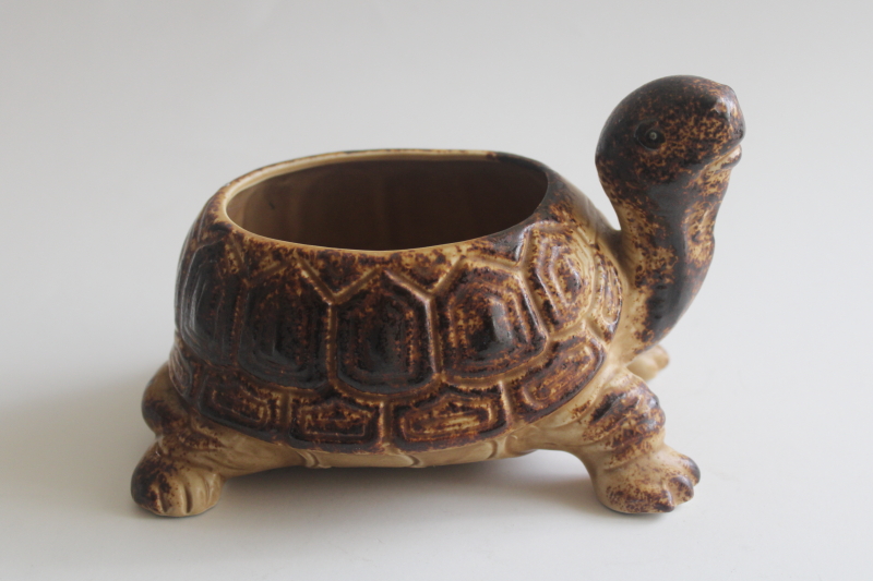 photo of vintage ceramic turtle planter pot, large brown tortoise Napco Japan Napcoware label  #1