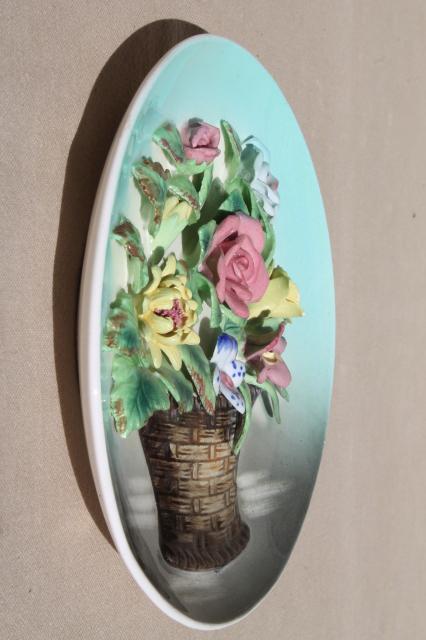 photo of vintage ceramic wall hanging plaque, flower basket plate w/ little china flowers #2