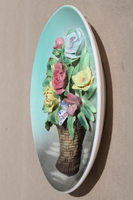 photo of vintage ceramic wall hanging plaque, flower basket plate w/ little china flowers #3