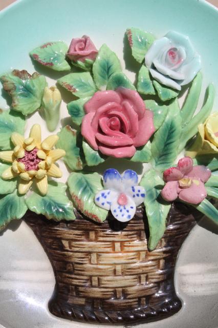 photo of vintage ceramic wall hanging plaque, flower basket plate w/ little china flowers #4